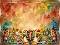 Autumn harvest feast watercolor background with traditional food border, warm seasonal colors for thanksgiving menu design and fall celebration materials.