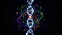 DNA double helix structure with colorful molecular particles and genetic elements on dark background for biotechnology and medical research applications.