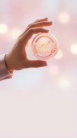 Hand holding glowing growth chart icon with wheat laurels symbolizing business success and financial achievement on soft pink bokeh background.