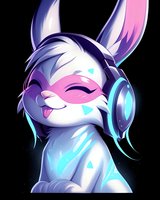 Cute cartoon bunny character with glowing headphones and playful expression on black background, digital art style for gaming and animation projects.