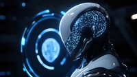 Futuristic artificial intelligence visualization showing robotic head with glowing neural network brain pattern against dark background with blue technological elements.