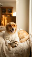 Golden retriever dog wearing glasses and sweater sitting in armchair with coffee mug in cozy home interior for humorous pet lifestyle concepts.