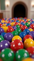 Colorful plastic balls filling an indoor space with arched doorway in background, creating playful environment for children's entertainment area.