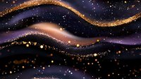 Abstract cosmic waves with golden glitter trails flowing through dark space background, featuring purple and copper tones with sparkling light particles.