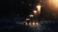 Glowing ascending bar chart with sparkles and light effects on dark background, representing business growth and success visualization for financial data.