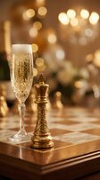 Elegant champagne flute and golden chess king piece on wooden table with warm bokeh lights background for luxury celebration and strategic success concepts.