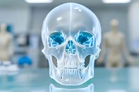Transparent glass human skull model with blue glowing details on a lab table, medical anatomy concept in a clinical setting.