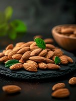 Fresh raw almonds with green leaves arranged on black stone plate, dramatic lighting and dark background for food photography and healthy eating concept.