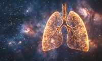 Glowing human lungs with bronchial tree structure floating in cosmic space with colorful nebula and stars, representing breath of universe and medical concept.