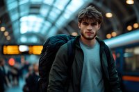 Young Caucasian male student with backpack standing in modern train station terminal. Blurred urban background with blue glass ceiling and warm lighting creates moody atmosphere.