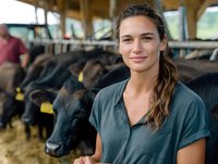 Young female farmer with braided hair wearing gray work shirt standing in barn with dairy cattle herd in background, representing agricultural profession and livestock management.