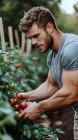 Young muscular Caucasian man in gray t-shirt harvesting fresh ripe tomatoes in garden. Side view of athletic gardener picking organic vegetables during summer season.
