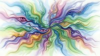 Mystical flowing tentacles with colorful eyes in vibrant rainbow hues creating abstract organic patterns on white background for creative design projects.