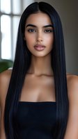 Young Middle Eastern woman with long straight black hair and natural makeup in modern interior setting for beauty and lifestyle content.