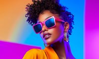 Young African American woman with natural curly hair wearing vibrant sunglasses and gold hoop earrings against colorful neon background. Modern fashion portrait with bold orange and purple.