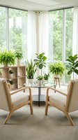 Modern sunroom interior with wooden chairs, glass table and green plants by large windows overlooking garden for home decor and lifestyle content.