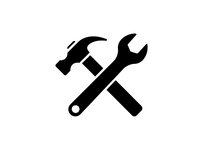 Black hammer and wrench tools crossed in X formation on white background. Repair service maintenance construction work equipment isolated clipart.