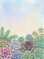 Watercolor succulent garden border with pastel sky background for botanical designs and nature-themed projects.