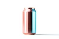 Metallic aluminum can with gradient color from coral pink to teal blue on white background, isolated for beverage packaging design projects.
