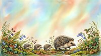 Hedgehog family walking through wildflowers and ferns in soft watercolor style, suitable for children's book illustrations, nursery decor, and nature-themed designs.