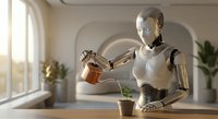 Humanoid robot watering small potted plant in bright modern interior with natural sunlight streaming through windows creating peaceful domestic scene.