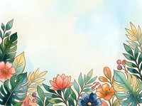 Watercolor tropical floral border with lush green leaves, pink, blue and orange blooms on soft pastel background, copy space for text.