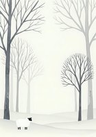 Minimalist winter landscape with bare trees and a solitary sheep standing in snow, creating a serene, peaceful scene suitable for greeting cards, wall art, and seasonal designs.