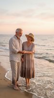 Happy senior couple holding hands walking on beach at sunset during romantic vacation getaway together enjoying retirement lifestyle.