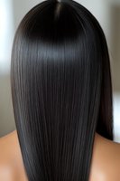 Straight glossy black hair close-up showing smooth, silky texture and professional keratin treatment result on Asian woman model from back view.