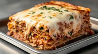 Layered lasagna with ground meat sauce and melted mozzarella cheese topped with fresh herbs, served on white plate. Close up view of traditional Italian pasta dish.