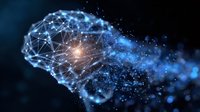 Glowing neural network visualization with connected nodes forming brain shape against dark background, illuminated by blue light and particle effects.