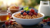 Crunchy granola bowl with fresh raspberries, blueberries, honey jar and milk bottle in morning light. Healthy breakfast composition with natural ingredients.