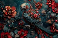 Mystical parrot with ornate red roses and metallic details against dark teal background, featuring intricate floral arrangements and decorative elements.