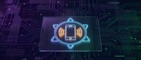 Smartphone with wireless connectivity symbol glowing in neon blue and orange on digital circuit board background for technology and communication concepts.
