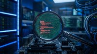 Magnifying glass reveals code on computer screen in dark server room with glowing blue lights. Cybersecurity analysis and data investigation concept.