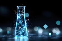 Glowing blue particles swirling inside laboratory flask against dark background with bokeh lights, representing scientific research and chemical innovation.