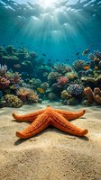 Orange starfish on sandy ocean floor with vibrant coral reef and tropical fish in crystal clear turquoise water with sunbeams streaming from surface.