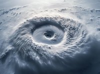 Aerial view of massive hurricane eye formation over ocean waters, showing dramatic spiral cloud patterns and powerful storm system from space perspective.