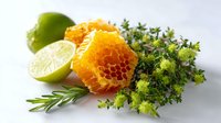 Fresh honeycomb piece with lime slices, rosemary sprigs and green herbs on white background, natural organic food styling composition for wellness.