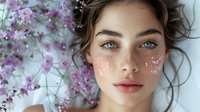 Beautiful young woman with blue eyes and freckles surrounded by delicate pink spring flowers, perfect for beauty, cosmetics, and skincare advertising or romantic lifestyle content.