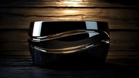 Elegant black ceramic bowl with flowing golden light reflections on dark wooden surface against dramatic moody background, artistic still life photography.