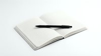 Open lined notebook with black pen on white background for writing notes and planning tasks in office or school setting.