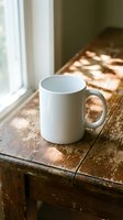 White ceramic mug on rustic wooden table by sunny window, warm natural light and shadows, cozy home atmosphere, mockup ready.