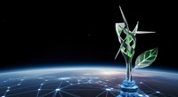 Stylized wind turbine with green leaves emerging from glass base against Earth and digital network grid, symbolizing renewable energy and sustainable technology innovation.