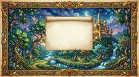 Ornate fantasy frame with magical forest landscape, castle towers, crescent moon and stars surrounding blank parchment scroll for text or design elements.