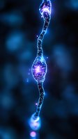 Glowing neuron with synaptic connections illuminated in blue and purple against dark background, showing detailed cellular structure and electrical impulses in brain network.