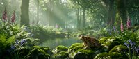 Serene forest stream with moss-covered rocks, lush greenery, and purple wildflowers in misty woodland setting for nature and landscape projects.