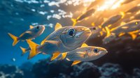Vibrant yellowfin tuna swimming in deep blue ocean waters during golden sunset, dramatic underwater scene with school of fish in motion, natural marine life.
