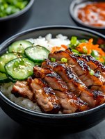 Grilled teriyaki chicken slices served on white rice with fresh cucumber, carrots and green onions in black bowl. Asian fusion cuisine with glazed meat.