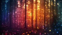 Magical forest landscape with sunlight streaming through tall trees, creating ethereal atmosphere with glowing particles in rainbow colors. Perfect for fantasy backgrounds.